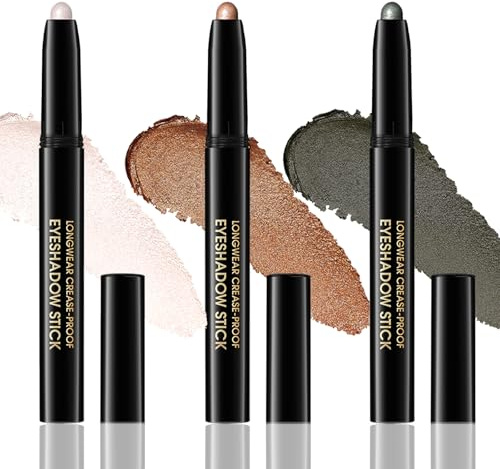3-Pack Cream Eyeshadow Stick Set, Shimmer Pearlescent, Bronze And Green | Cream-To-Powder Colour, Rounded Twist-Up Tips, Water-Resistant, Blend With Fingers Or Brush, For Everyday And Smoky Looks