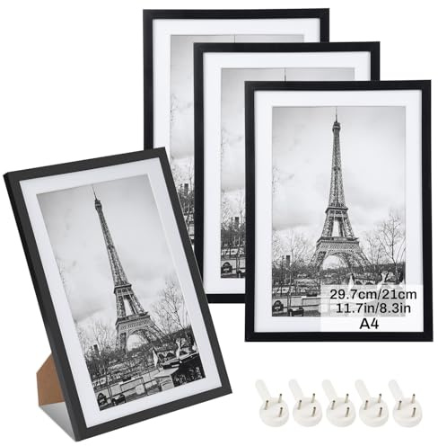 MLACXLT 4 Stück Bilderrahmen A4 Schwarz – DIN A4 21x30 cm Kunststoffrahmen mit Plexiglas, Bilderrahmen Set für Fotos, Poster, Kinderzeichnungen & Galerie