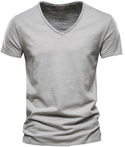 Herr djup V-hals T-shirt muscle slim fit – lågt skuren stretch kortärmad undertröja – träning träningskläder t-shirt, A-ljusgrå, S