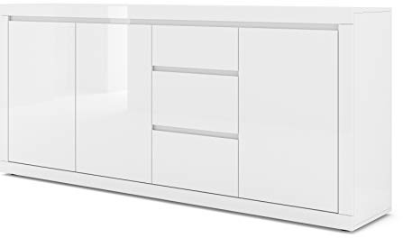 BIM Furniture Bello Bianco IV Commode avec 3 étagères et 3 tiroirs Buffet Blanc mat/blanc brillant 195 cm