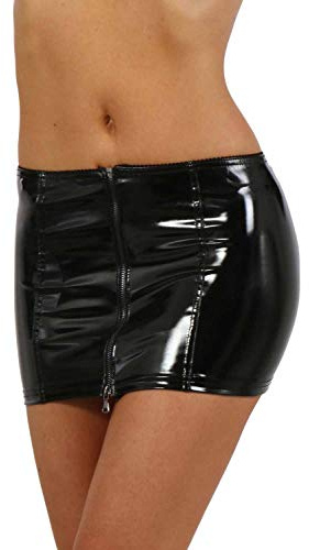 MISS NOIR Mini Jupe Sexy Effet Mouillé pour Femme (S-3XL) Vinyle Aspect Cuir Jupe Courte avec Fermeture éclair Wetlook Jupes Clubwear, Noir (9481-BK), M