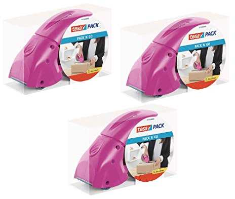 tesapack Abroller Pack' n' Go - Ergonomischer, pinker Handabroller für Paketbänder - Inklusive 50 m x 48 mm Klebeband (3 Abroller)