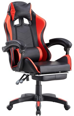 Brigros - Sedia da gaming racing ergonomica con braccioli reclinabile, poltrona ufficio girevole, con rotelle, poggiapiedi, poggiatesta e cuscino lombare, similpelle, Portata: 125kg (Rosso)