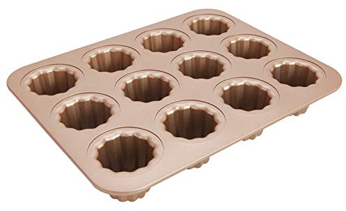 FUNREADER Moldes de canele para hornear, 12 cavidades, moldes para hornear canelas, moldes para magdalenas, mini lata estriada de Bordelais para tartas (dorado champán)