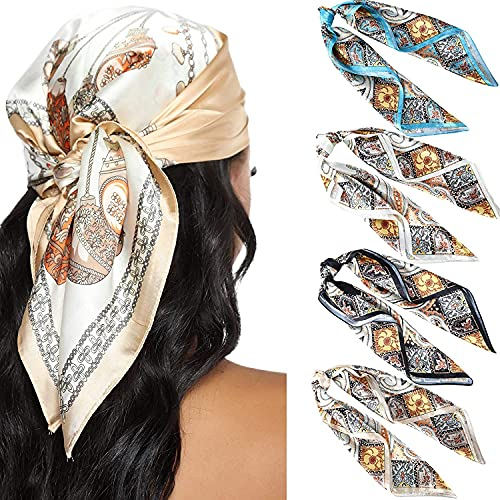 WELROG Seidentuch Damen Bandana Halstuch Damen - 4 PCs Kopftuch Vierecktuch Seide Mädchen (Set #10)