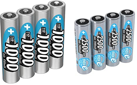ANSMANN Akku AAA Micro Typ 1000mAh - 1,2V - Leistungsstarke NiMH AAA Akkus - 4 Stück & Akku AA 2500 mAh NiMH 1,2 V (4 Stück) - Mignon AA Batterien wiederaufladbar, maxE geringe Selbstentladung
