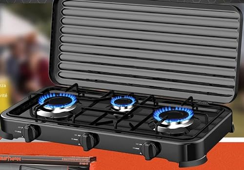 FORNELLO ELETTRICO PIASTRA A GAS FORNELLETTO 3 FUOCHI TRIPLO FUOCO BRUCIATORE A GPL BUTANO PROPANO CUCINA CAMPEGGIO DT568-3T