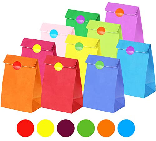 Papiertüten Bunt, 20 Stück Klein Geschenktüten Papier mit 48 Aufkleber für Kindergeburtstag, Candy Tüten zum Verpacken von Party, Geschenken, Geburtstag, Hochzeit, Feiern