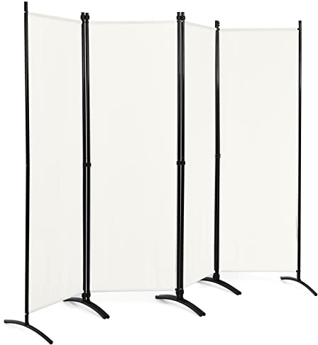 COSTWAY Paravento da Interno in Metallo, Separé Divisorio Interno Pieghevole con Piedini Stabili, Pannelli Divisori per Interni per Casa e Ufficio (Bianco, 220 x 173 cm (4 Pannelli))