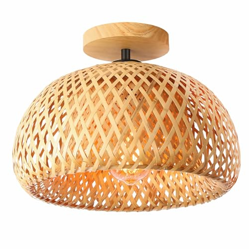 Schindora Bambus Deckenleuchte, halb Flushmount Wicker Deckenleuchte, handgefertigte Boho Rattan -Leuchten Decke, Bauernhausleuchten für Schlafzimmer Kindergarten Flur Korridor