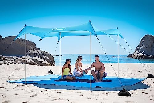 WolfWise UPF50+ Strandzelt mit Sandanker, Sonnenschutz UPF50+ mit Sandschaufel, 3 x 3 m Strandzelt für 4-8 Personen, einfacher Aufbau, Winddicht, Wasserdicht, Blau, Extragroß
