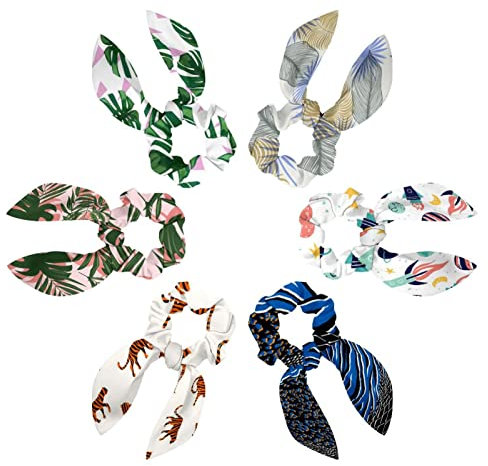 6PCS Hair Scarf Scruncheis for Women Girls, Ribbon Bow Elastic Hair Ties Bands Satin Hair Ribbon Scrunchy Ponytail Holder Accessories,Palm Leaves