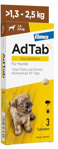 AdTab Hund 1,3-2,5 kg - Kautablette gegen Zecken und Flöhe, 3 Stück