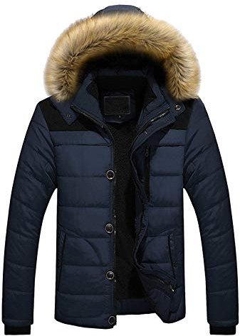 UnoSheng Veste d'hiver courte pour homme avec capuche en fourrure - Manteau d'hiver pour homme - Doudoune chaude doublée - Doudoune d'hiver - Manteau en duvet chaud rembourré - Veste matelassée -