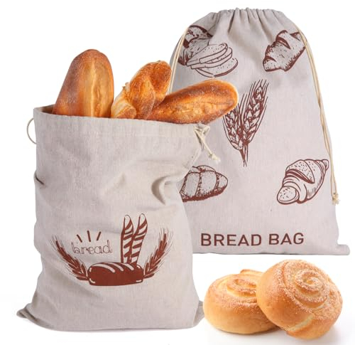 2 PCS Linen Bread Bag for Homemade Bread, Gelewuld Reusable Bread Bags to Keep Bread Fresh, Food Bread Storage Bags with Drawstring - 40x30cm