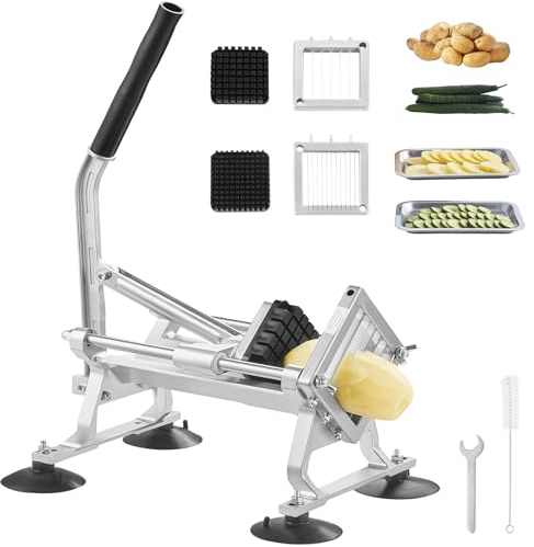 VEVOR Coupe-Frites Commerciale, Trancheuse à Légumes Fruits Manuelle 6,35 mm/9,5 mm/12,7 mm, Coupe-Légumes en Acier Inoxydable et Alu, avec Pieds Antidérapants, pour Radis, Oignons, Pommes de Terre