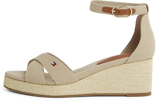 Tommy Hilfiger Damen Wedge Sandalen Flag Criss-Cros Mid mit Knöchelriemen, Beige (Horseradish), 39