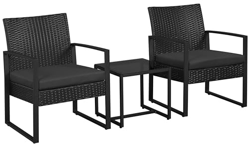 Yaheetech Set Mobili da Giardino in Poly Rattan 2 Sedie e Tavolino da Balcone con Cuscini Esterno Interno Nero