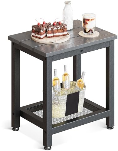 Coleshome Beistelltisch Outdoor mit Stauraum, Kleiner 2-stöckiger Beistelltisch mit Wetterbeständiger, Wasserdichter Platte für Garten, Terrasse, Poolbereich, Grau