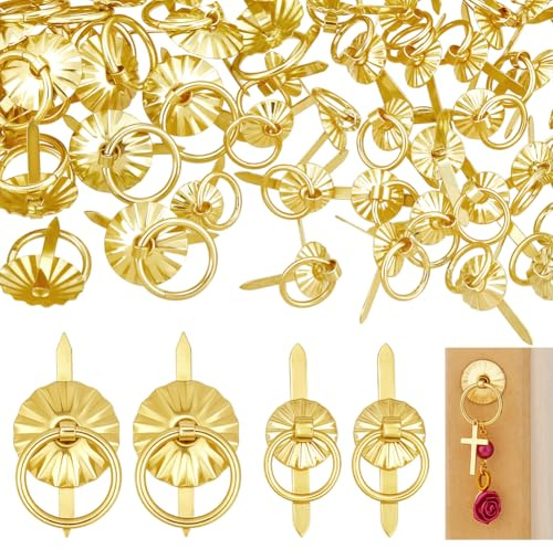 PH PandaHall 120pcs 2 Styles Golden Brad Fasteners with Pull Rings, Metal Pull Ring Handle Jewellery Drawer Mini Brad Paper Fasteners Handles for Journal Paperback Book Albums Scrapbooks Jewellery Box