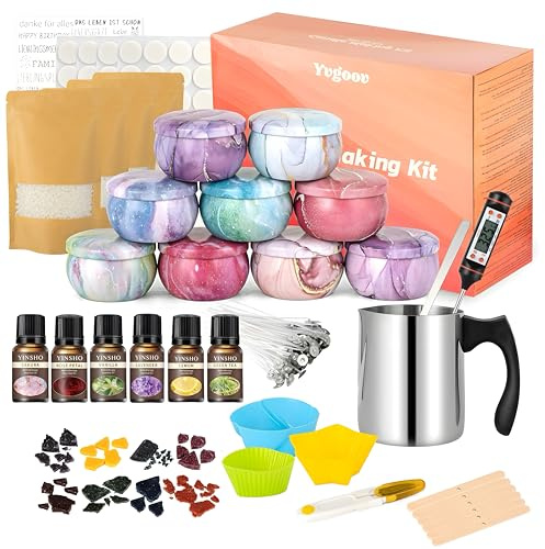 Yvgoov Kit de Fabrication de Bougies Coffret Bougies Parfumées Cadeau DIY Kit Bougies à Faire Soi Même avec 8 Boîtes de Bougie Colorées, Cire de Soja de 500g, 6 Huiles Parfumées et Thermomètre