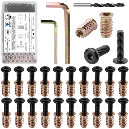 FandWay Set di 30 dadi a vite per mobili, M6 x 25 mm, inserti filettati M6 x 20 mm per legno, set di bulloni e dadi, dadi a testa piatta a brugola, azionamento esagonale con chiavi e punta da trapano.