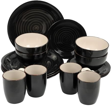 DIVCHI 16 Piece Dinnerware Set Kitchen Dinner Sets For 4 | Dessert Plates | Cereal Bowls | Mugs | Side Plate | Tableware | Combination Sets (Round Dinnerware Set, Dark Black & White)