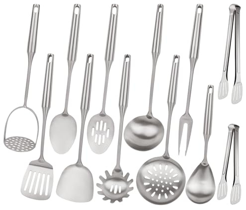 18/10 Stainless Steel Cooking Utensils Set,12pcs Metal Kitchen Utensils Set Dishwasher Safe, Heat Resistant Wok Tools Set for Cooking Enthusiasts