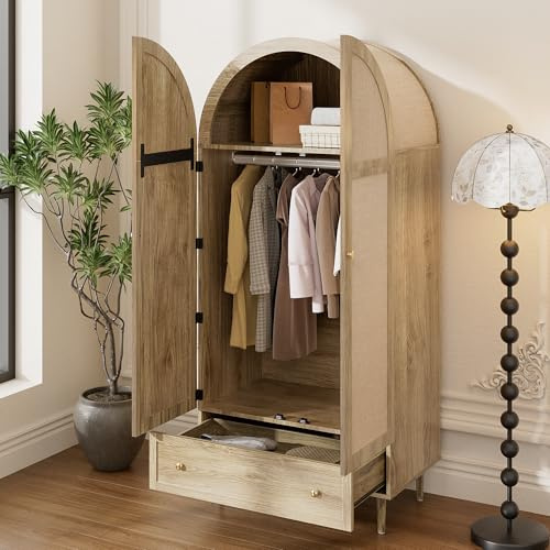 Elegantissimo armadio con ante in tessuto e cassetti, piedini in legno robusti, pratico spazio di archiviazione per vestiti e accessori – ideale per camera da letto, camera degli ospiti o guardaroba