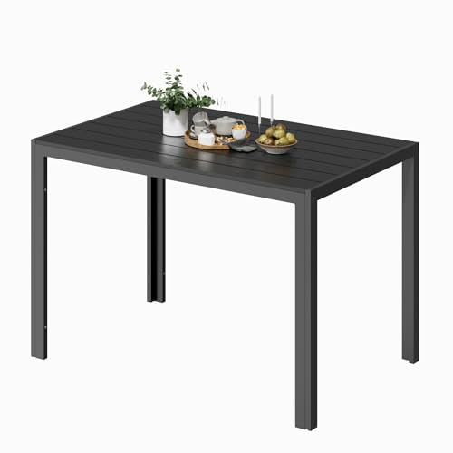 UDPATIO trädgårdsbord väderbeständigt med aluminiumram, 110 x 70 x 74 cm WPC-bord för utomhusbruk med trämönsterfinish, balkongbord för 4-6 personer, trädgård, terrass, svart+mörkgrå
