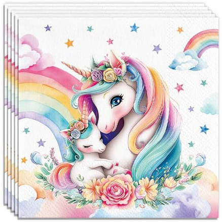 Koboko 20 stycken enhörningsservetter barnfödelsedag, 33 x 33 cm servetter enhörning dekoration födelsedag flicka, regnbåge enhörning födelsedagsservetter barn, enhörning pappersservetter babyparty