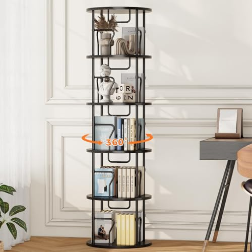 VYRIVA 5 Tier Rotating Bookshelf Tower, 360° Display Round Bookcase, Floor Standing Corner Revolving Bookshelf Organizer Storage Rack for Small Spaces, Home Study Office