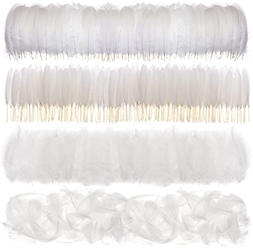 MWOOT 400 Stück Weiß Federn zum Basteln, 7-15CM Natur Bastelfedern Deko für Traumfänger Basteln, 4 Arten Federn für Hochzeit Faschingskostüme Engelsflügel Halloween Masken Ostern, DIY Crafts Feather