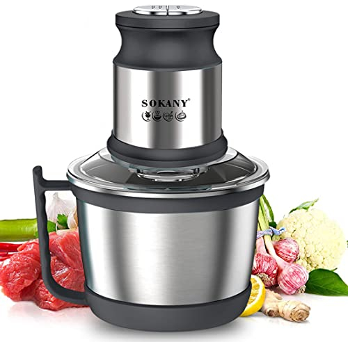 SOKANY Picadora Eléctrica Picadora de Carne y Verduras Eléctrica Trituradora de Alimentos de Acero Inoxidable, Picadora Batidora Eléctrica de Cocina 4 Cuchillas y 2 Velocidades (SK-7027, 800W, 3L)
