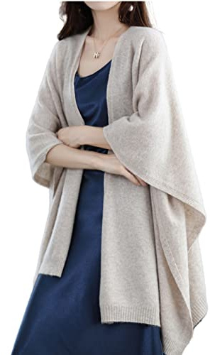 Women's Shawl Wrap Plus Size Cardigan 100% Merino Wool Poncho Cape Fall Winter Open Sweater Coat, Light Camel, One size