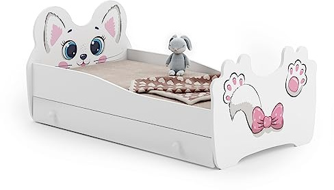 KOBI Barnsäng vit katt | med förvaring av låda | 140 x 70 cm | liten flicksäng barnsängar | med madrass och ram | babyrummet | enkelsäng med barriär