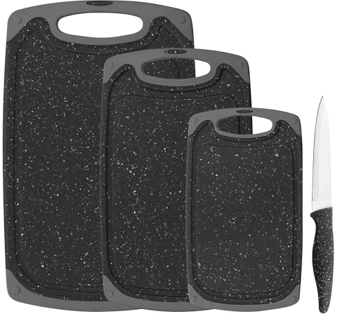 GRÄWE Lot de 4 planches à découper avec couteau tranchant, antidérapantes, avec rainures de jus, lot antibactérien, 3 tailles, planches à petit-déjeuner, planches à découper, sans BPA, passe au