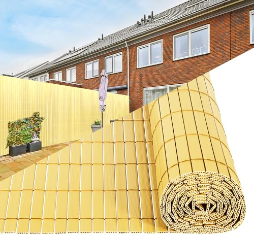 Tubiaz PVC Sichtschutzmatte 100×300cm, Sichtschutz im Garten mit W-förmiger Interner Verstärkung, Sichtschutzzaun Wetterfester für Balkon, Garten und Terrasse, mit Kabelbinder (Bambus)