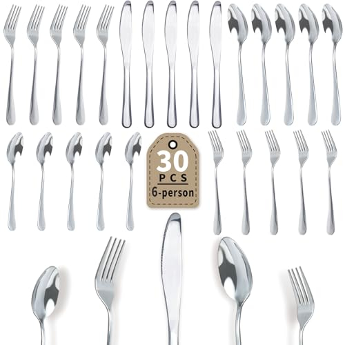 Dazhtu Besteck Set für 6 Personen, 30 teilig Essbesteck Set mit Steakmesser, Essbesteck Set mit Messer Gabel Löffel, Elegantes Tafelbesteck poliert für Zuhause/Restaurant/Party, Spülmaschinenfest