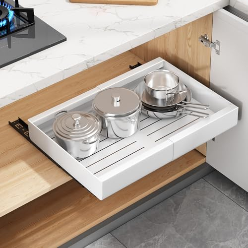 SAYZH Cajón Telescópico, Ampliable Cajón Deslizante Para Alacena,Cajones Extraíbles para Armario de Cocina, Organizador de Gabinete Extraíble Ancho Ajustable, 43 cm (Prof.) x 30-50 cm (Anch.), Blanco
