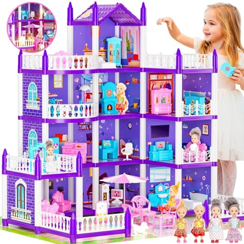 Maison De Poupée pour Filles, Maison De Jeu 4 éTages 11 Pièces avec 4 Poupées, Accessoires Et Lumières Clignotantes, Maison De Poupée Princesse, Cadeau pour Les Enfants De 3 4 5 6 7 Et 8 Ans