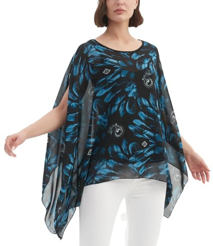CuteSwan Camicetta da donna Lagenlook caftano con maniche a pipistrello in chiffon bohémien sciolto floreale camicetta tunica, Nero con piuma blu, Un formato più