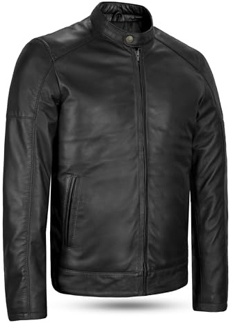Leatherick Chaqueta de motociclista de piel de cordero para hombre - Chaqueta de motociclista negra, resistente y cálida, con cremallera (FR/ES, Letras, L, Regular, Regular, negra)