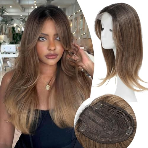 Peonymebeauty Blonde Hair Topper for Women, 6.5X6.5 Big Base Topper for Hair Loss 18 Inch Long Layered Hairpieces Wiglets (Rich Brown with Dark Root)