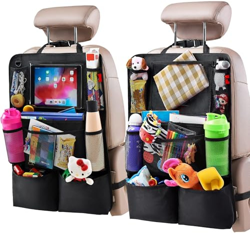 Organizador Asiento Coche 2 piezas Organizador Asiento Trasero tela Oxford 600D Impermeable 10 bolsillos Organizadores para Coche Kick Mat con Pantalla Táctil de 10 pulgadas Soporte de Mesa para Bote