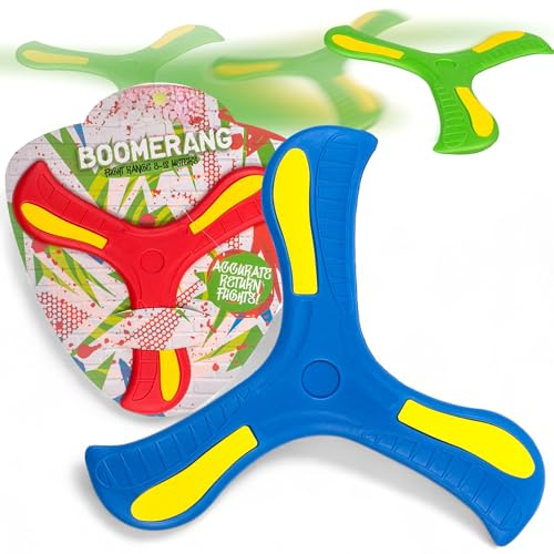 MIJOMA Boomerang in plastica flessibile – 25 cm di diametro, portata 8 – 12 m, 3 colori assortiti, giocattolo all'aperto per bambini e adulti, volo di ritorno preciso