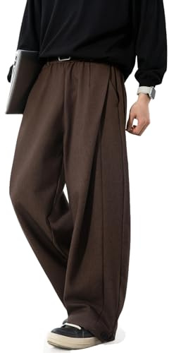 Mens Pleated Wide Leg Old Money Baggy Pants Casual Elastic Waist Drawstring Pants Loose Fit Long Trousers with Pockets Brown