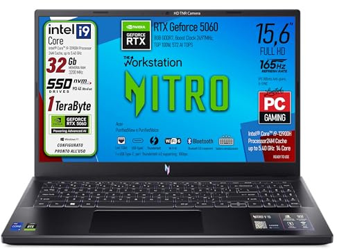 acer Notebook, Intel Core i9-13900H, fino a 5,4GHz, NVIDIA GeForce RTX 5060 8Gb GDDR7, RAM 32Gb, SSD pci nvme da 1Tb, 15.6 FHD IPS 165Hz, Wi-Fi 6e, Thunderbolt 4.0, ready to use