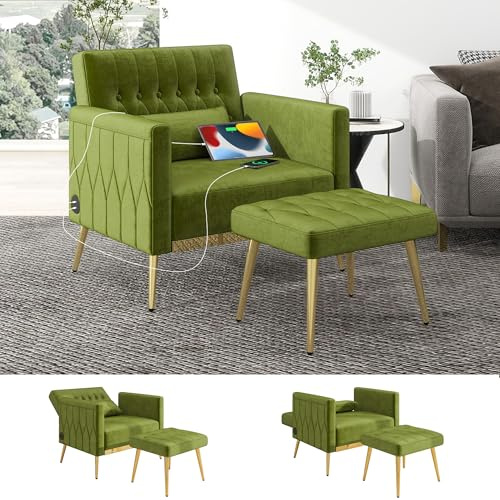 ROCSUMOO Velvet Armchair Chair and Ottoman Set with 2 USB Modern Armchair with Footstool and Lumbar Pillow Comfy Recliner Lounge Chair for Bedroom Living Room Green
