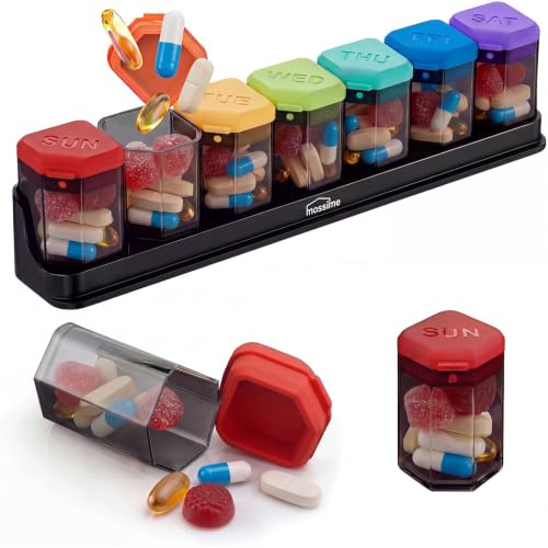 Mossime Large 7-Day Pill Organiser, Removable Pots, Silicone Lids, Rainbow | Sleek design, waterproof silicone lids, detachable pots for travel, gym use and commuting, for vitamin & supplement, BPA-free